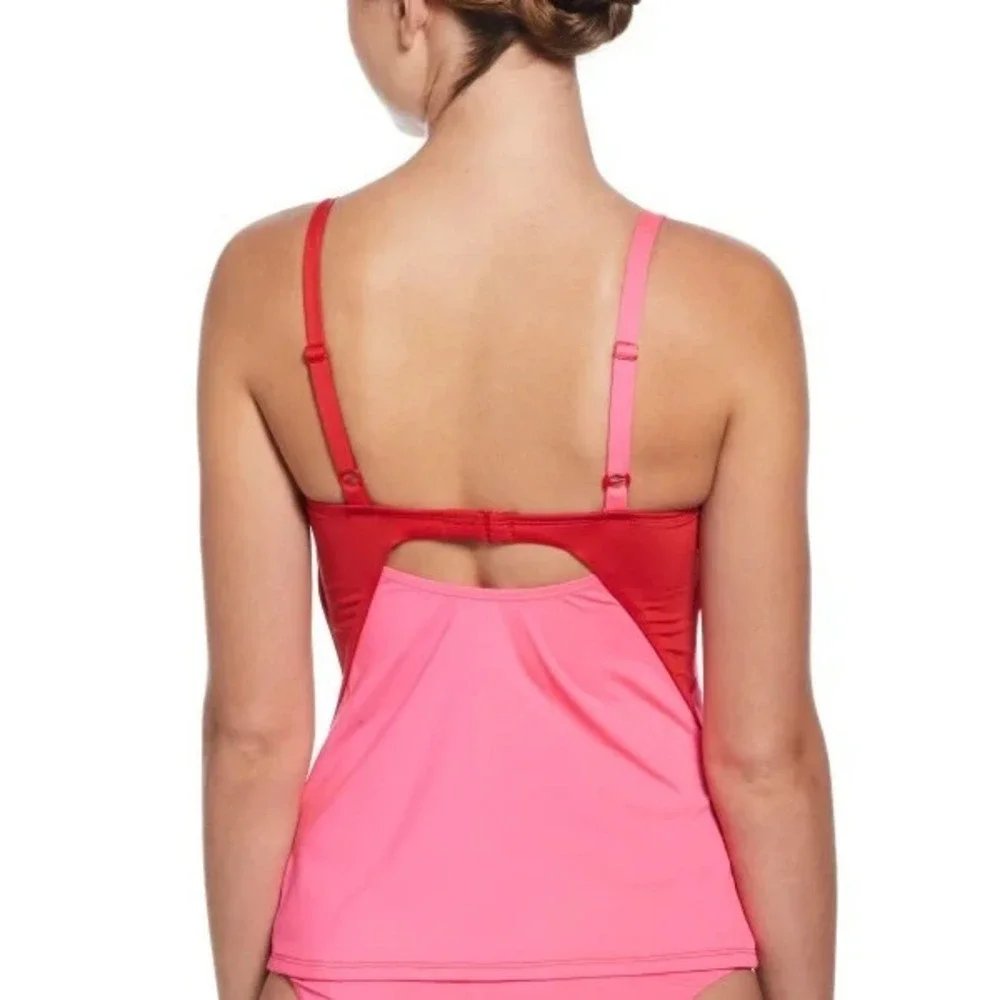 Nike Swim Colorblock V Neck Tankini Top Womens Medium Pink Red NESSF295